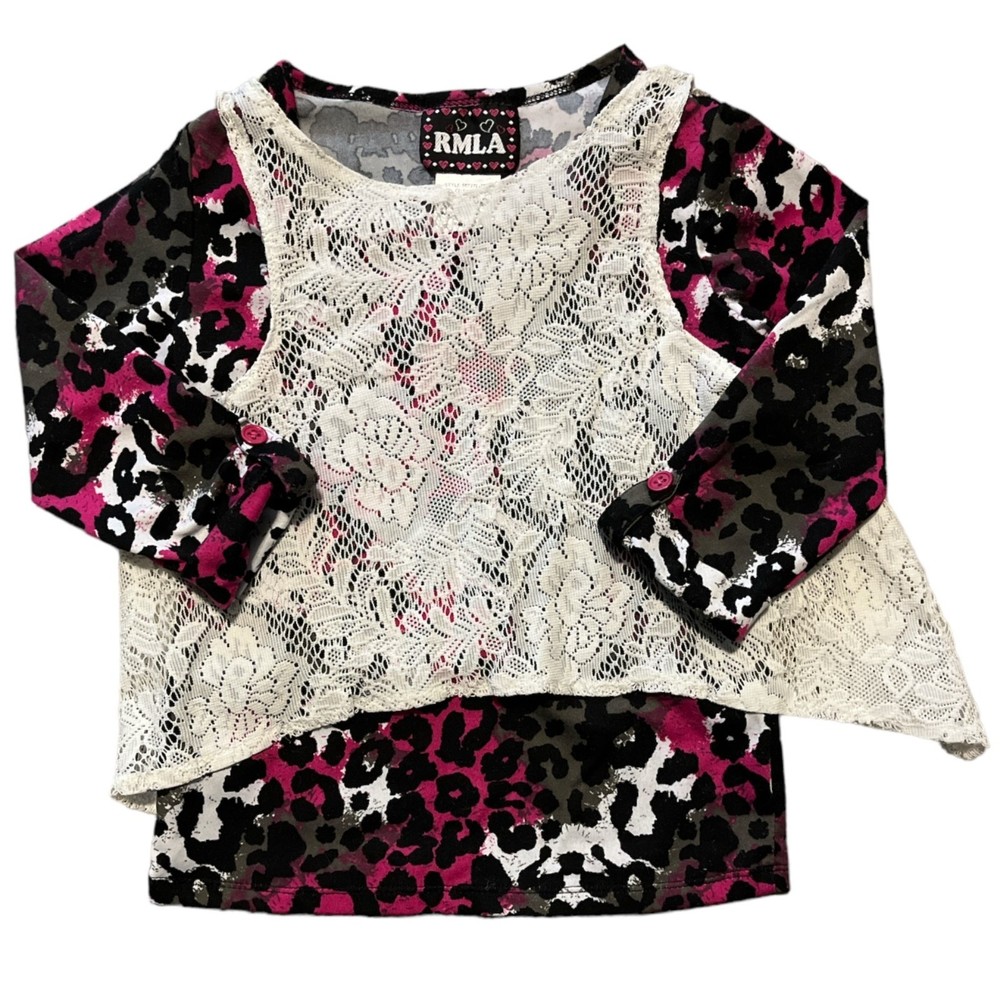 RMLA Girls 2fer Top Size 5 Animal Print Mid Sleeve Shirt Black Pink Lace Crochet
